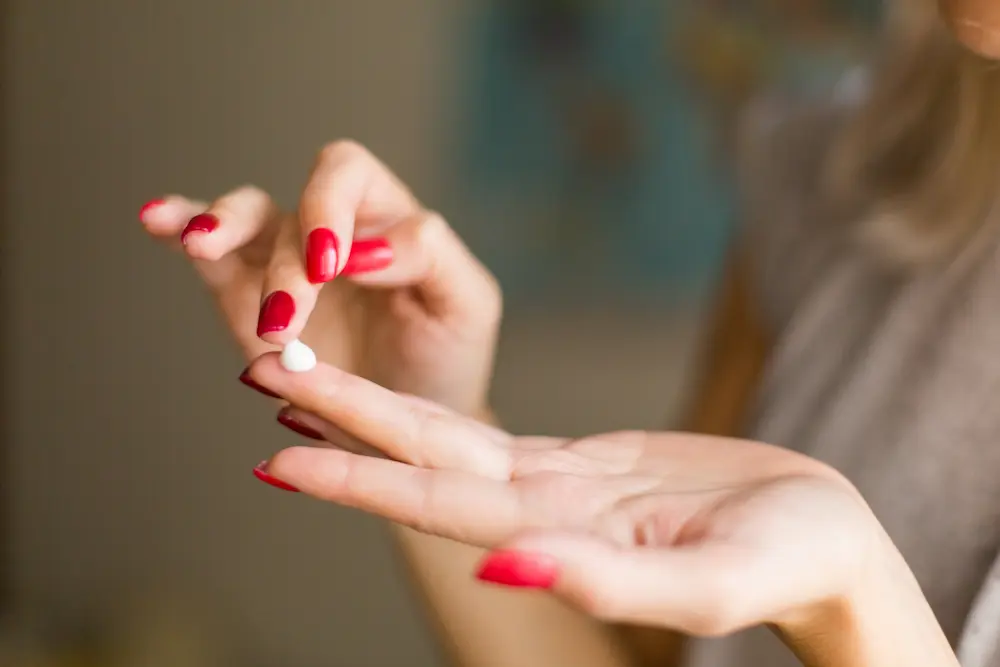 Retinol works in the deepest layer of the skin. Hand, health, nail, body, body care, cosmetic, woman, beauty, applying, manicure, care, closeup, finger, lotion, skin, skincare, smooth, softness, treatment, wellness, moisturizer, person, cream, female, white, clean, lifestyle, beautiful, natural, encapsulated retinol,